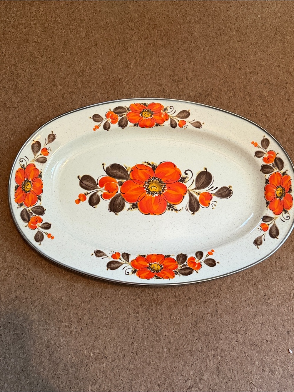 Enamelware Sanko Ware Oval Serving Platter Bright Orange Floral Made in Japan